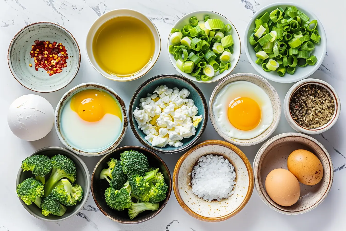 Overhead of ingredients in bowls: eggs, broccoli florets, feta, green onions, milk, olive oil, red pepper flakes, salt, pepper