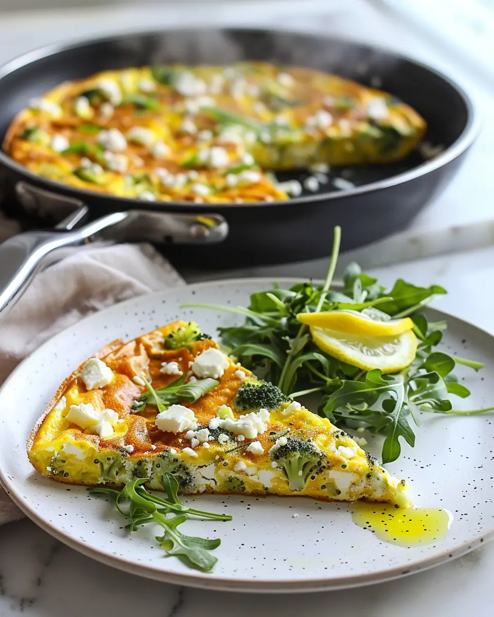 Slice of broccoli and feta frittata on a plate with arugula salad; skillet in background; herbs and feta crumbles on top