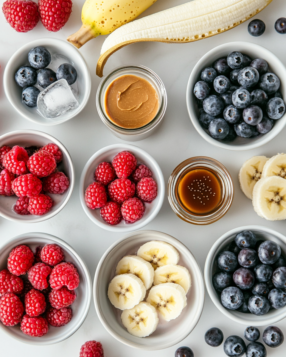 Overhead flat lay of berries, banana, almond butter, almond milk, honey, ice, and chia seeds on white marble.