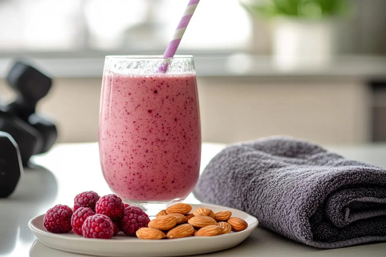 Almond Berry Smoothie with granola topping beside yogurt, spoon, and fresh berries on a sunlit table.