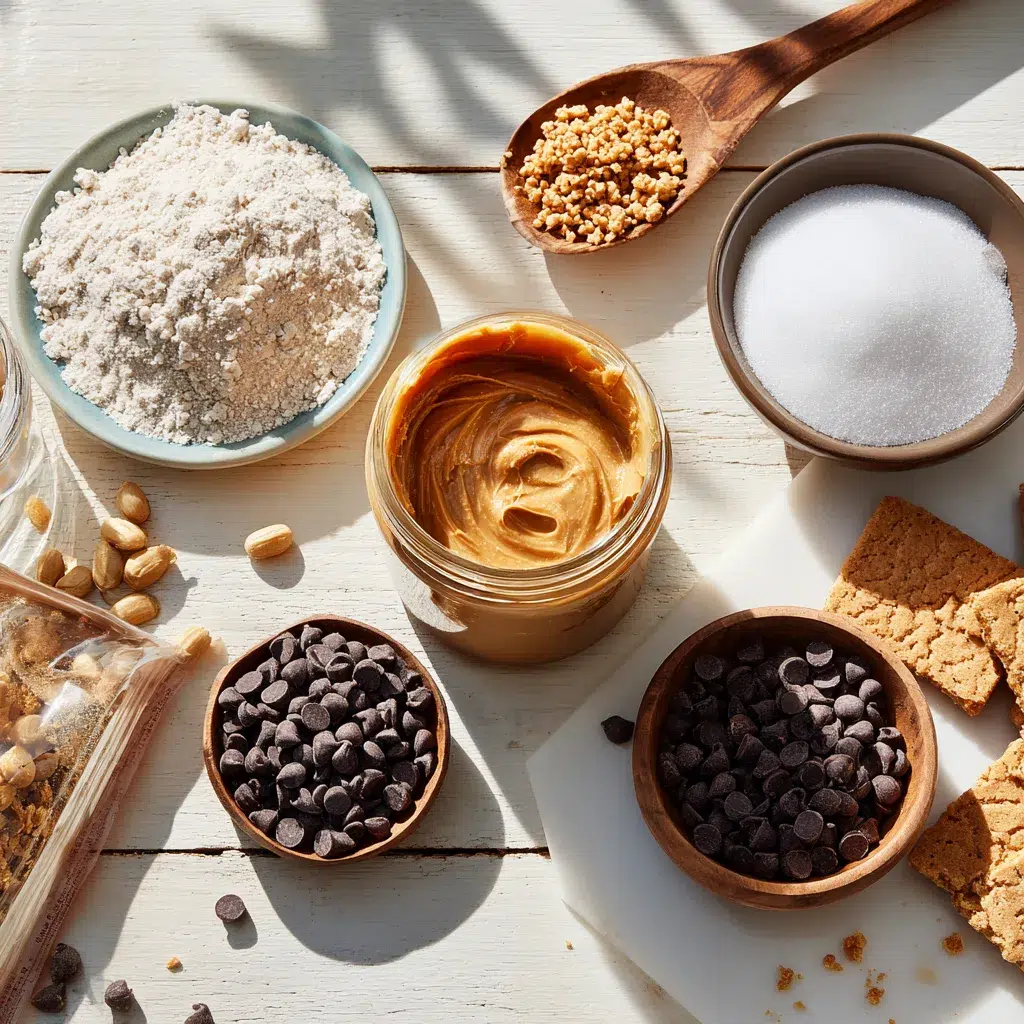 Flat‑lay of ingredients: sugar, butter, milk, cocoa, peanut butter, vanilla, quick oats, and a pinch of salt.