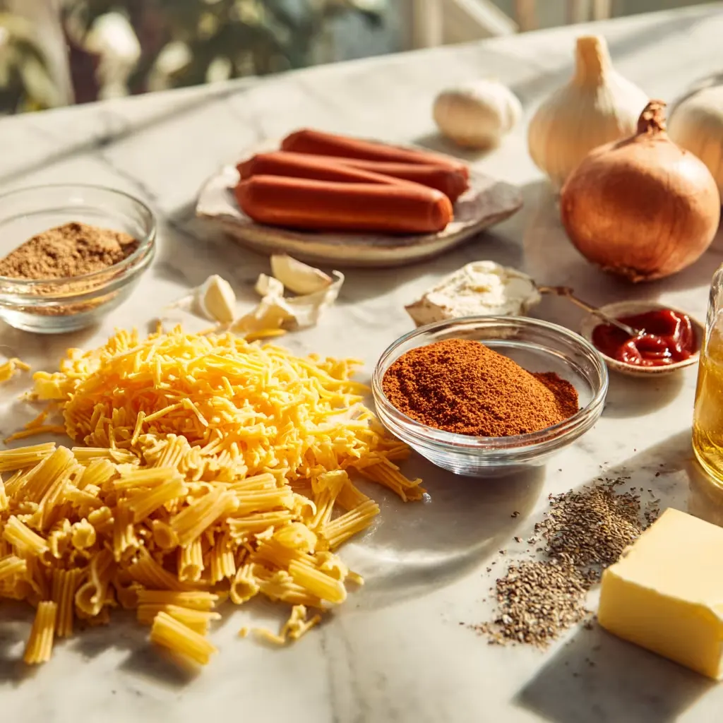 Ingredients for making Chili Dog Mac and Cheese