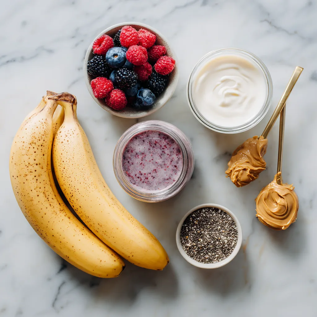 Berry and banana smoothie ingredients laid out on counter