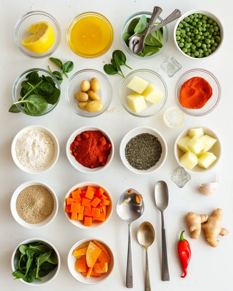 Flat lay of whole wheat flour, mixed vegetables, spices, and olive oil arranged neatly as ingredients for healthy vegetable samosas.