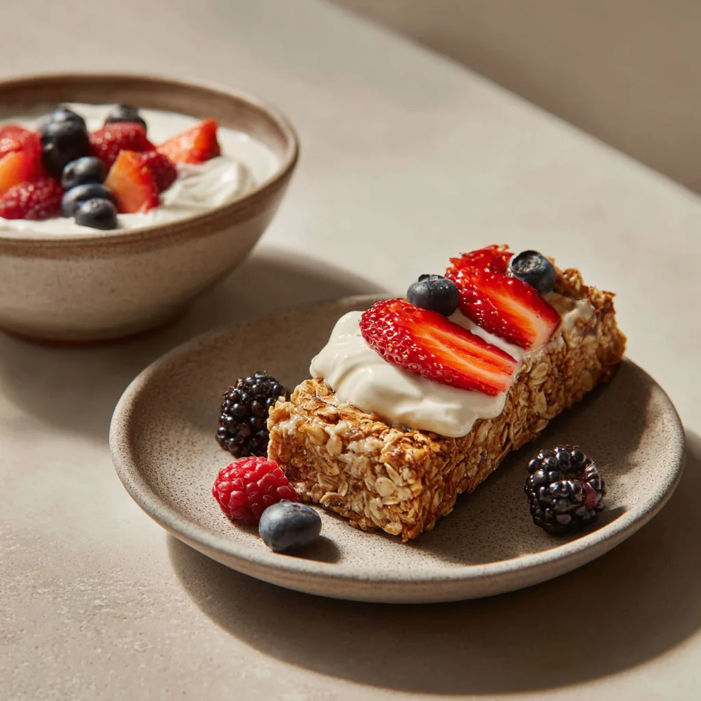 A close-up of a homemade high-fiber, high-protein breakfast bar served with Greek yogurt and fresh berries on a white marble plate. The bar is golden-brown with visible oats, nuts, and dark chocolate chips. The yogurt is topped with blueberries and strawberries, creating a colorful and nutritious breakfast."