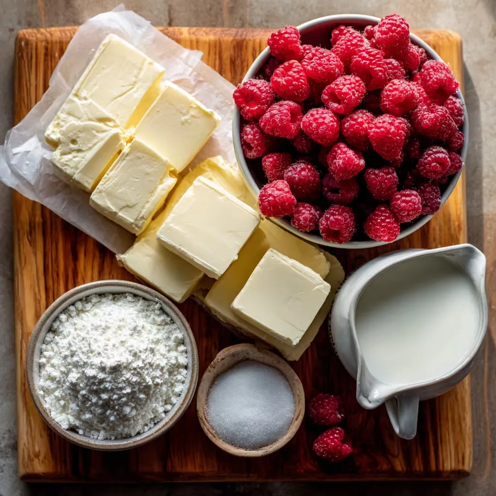 Ingredients for keto raspberry cheesecake on wooden countertop