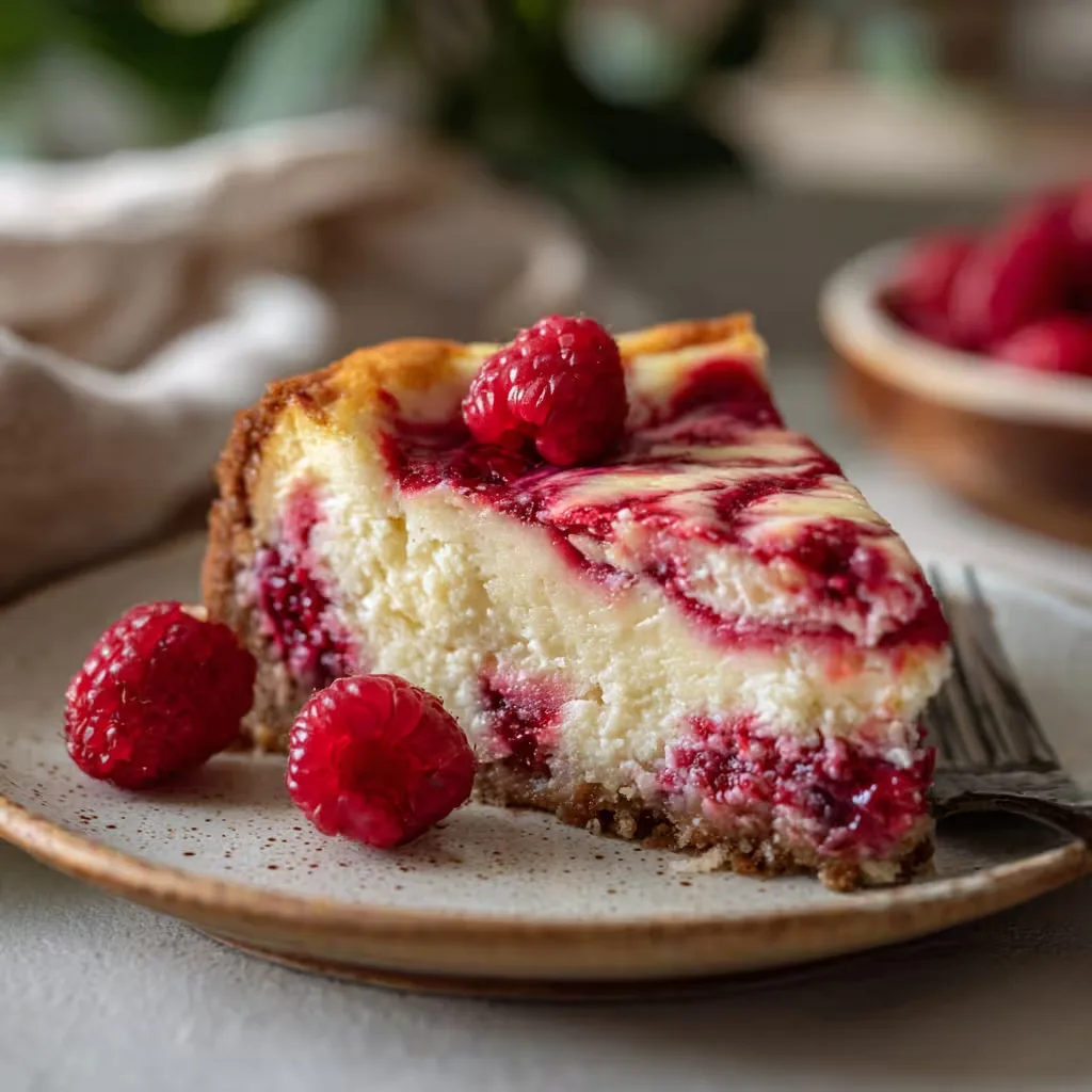 Slice of easy keto raspberry cheesecake with raspberry swirl