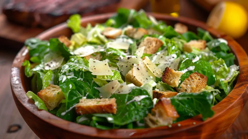 Classic Caesar Salad in a wooden bowl with crisp Romaine, golden croutons, and Parmesan shavings lightly coated in creamy dressing.