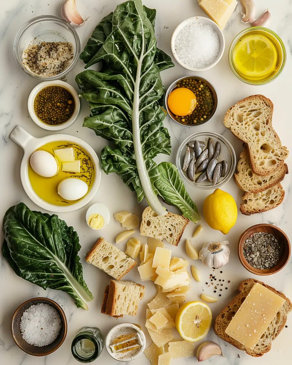 Overhead flat lay of Caesar salad ingredients: Romaine hearts, sourdough cubes, olive oil, butter, garlic, anchovies, capers, egg yolk or mayo, lemon, Dijon, Worcestershire, Parmesan, salt, and pepper.