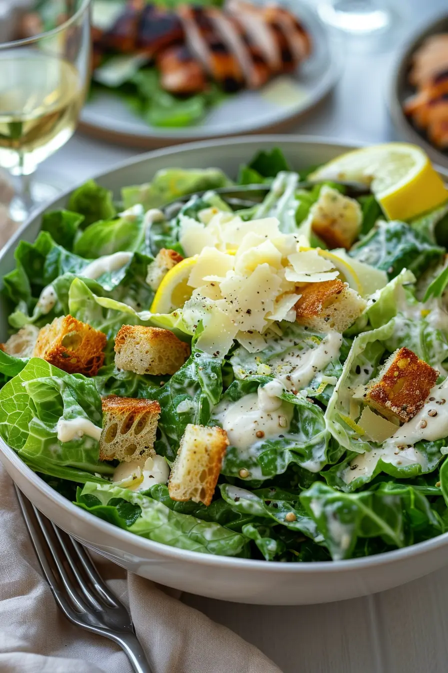 Plated Caesar salad stacked high in a white bowl with creamy dressing, Parmesan shavings, crunchy croutons, and a lemon wedge.
