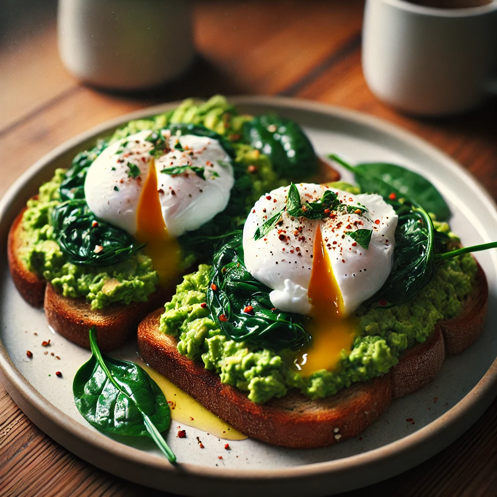 Close-up of avocado toast topped with poached eggs and sautéed spinach, featuring creamy mashed avocado, perfectly runny egg yolks, and a sprinkle of herbs on whole-grain toast