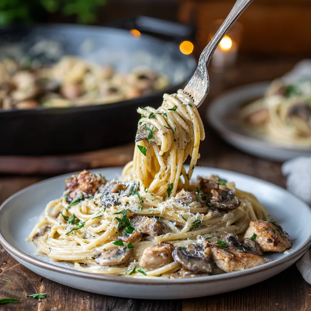 Creamy Chicken and Mushroom Pasta Recipe Creamy chicken and mushroom pasta in a skillet with penne noodles coated in white cream sauce, garnished with fresh parsley and parmesan cheese