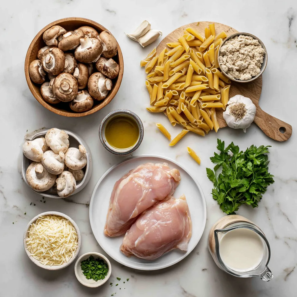 Raw ingredients for creamy chicken and mushroom pasta including chicken breast, fresh mushrooms, penne pasta, heavy cream, garlic, and parmesan cheese arranged on white marble counter