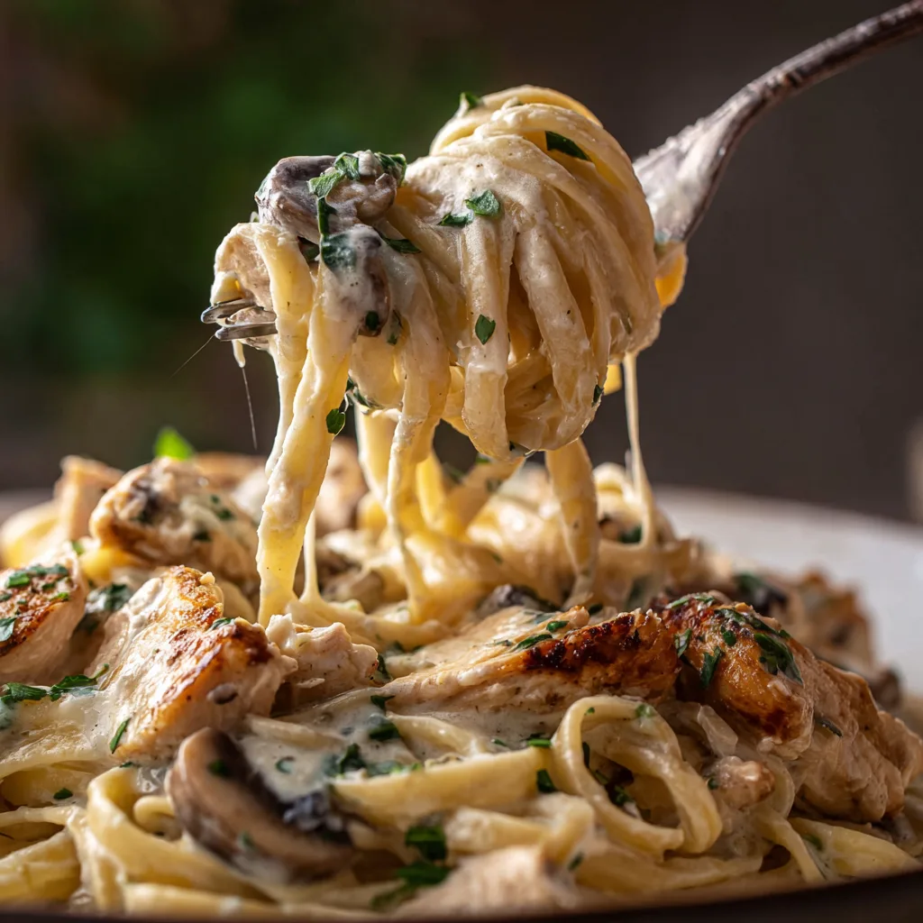 Large skillet of creamy chicken and mushroom pasta with serving spoon on rustic wooden table with plates, napkins, and wine glasses for family dinner