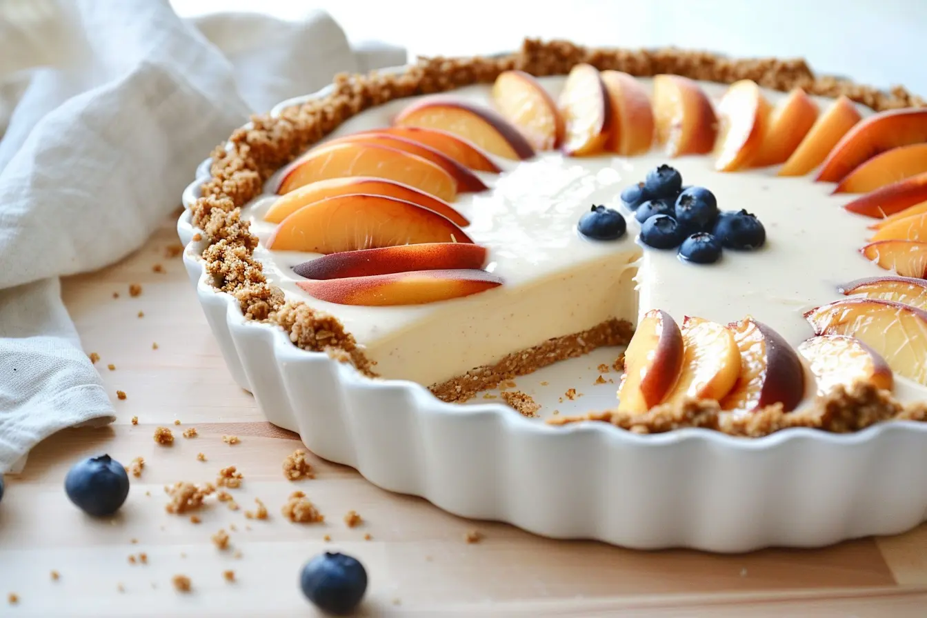 No‑bake peach tart with creamy peach filling in a graham‑almond crust, topped with peach slices and blueberries on a white plate.