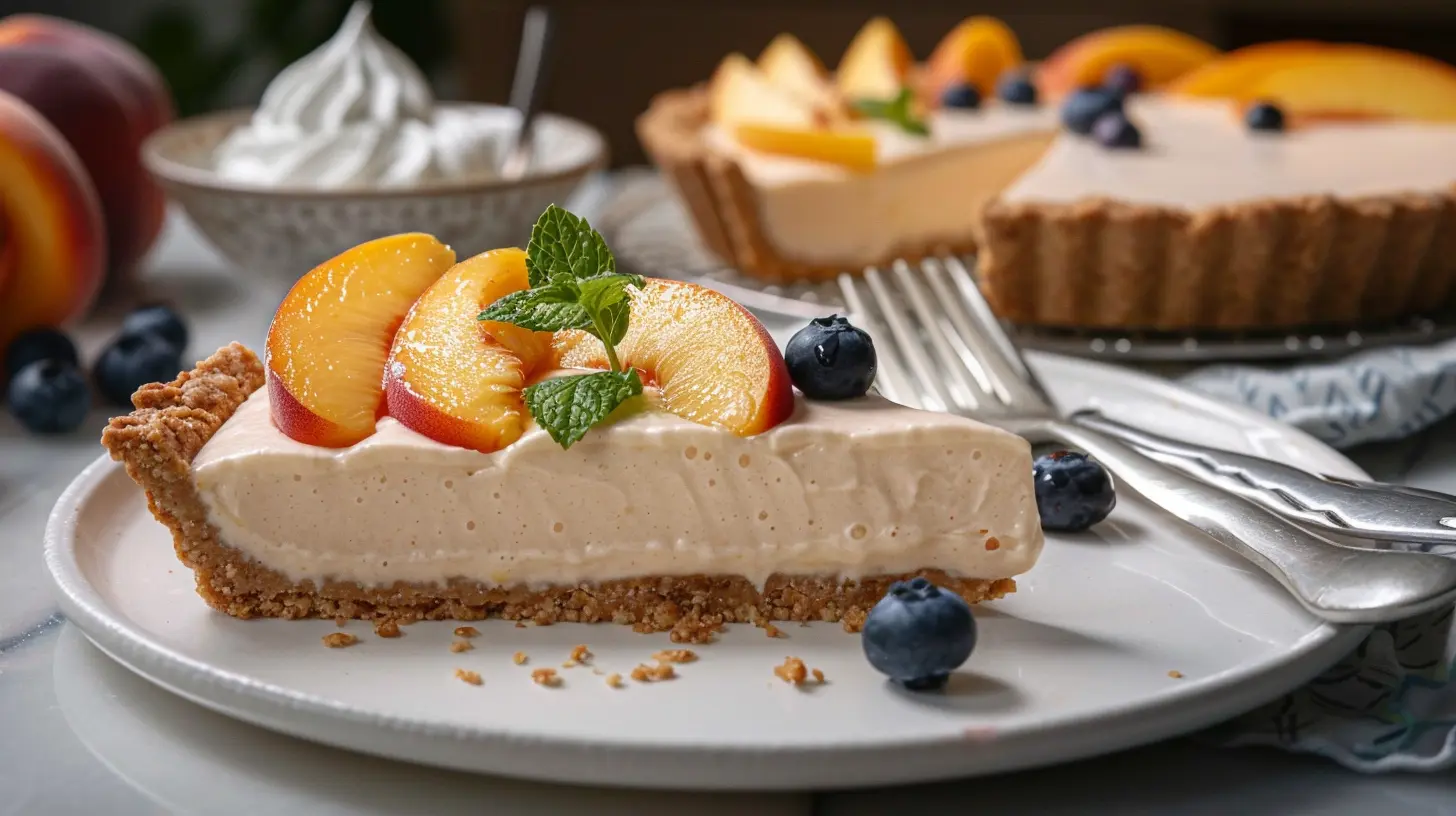Slices of creamy no‑bake peach tart on white dessert plates with peach slices, blueberries, and a fork, tart in background.