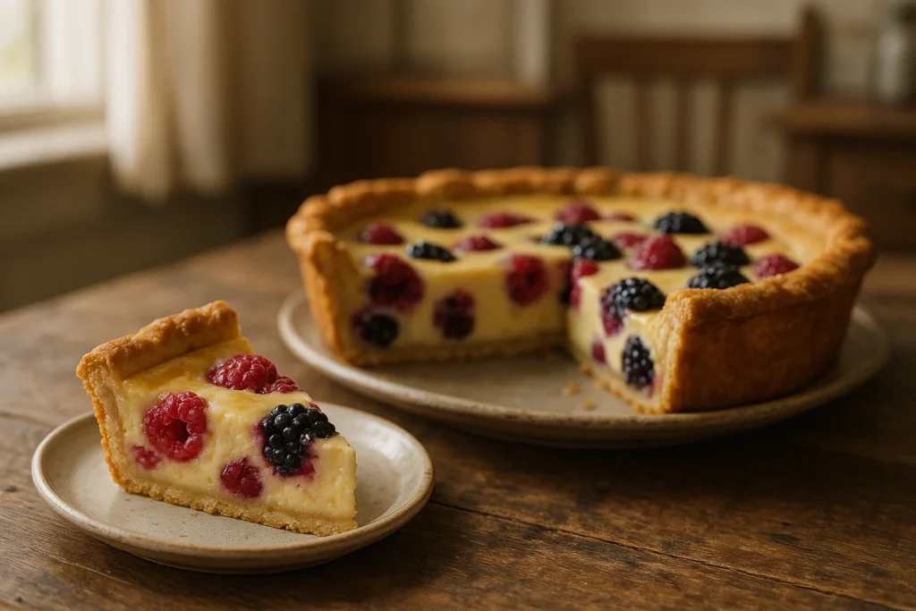 Side view of a berry custard pie with golden crust, filled with raspberries and blackberries, one slice served on a dessert plate in the foreground.