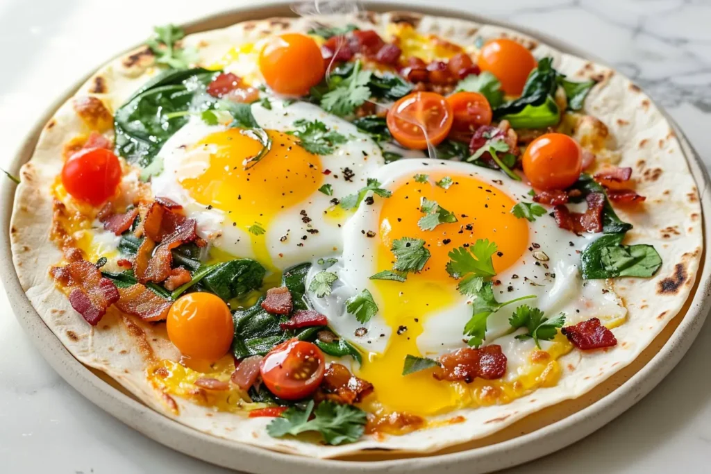 Breakfast tortilla pizza with two sunny-side eggs, melted cheese, bacon, spinach, and tomatoes on a crisp tortilla.