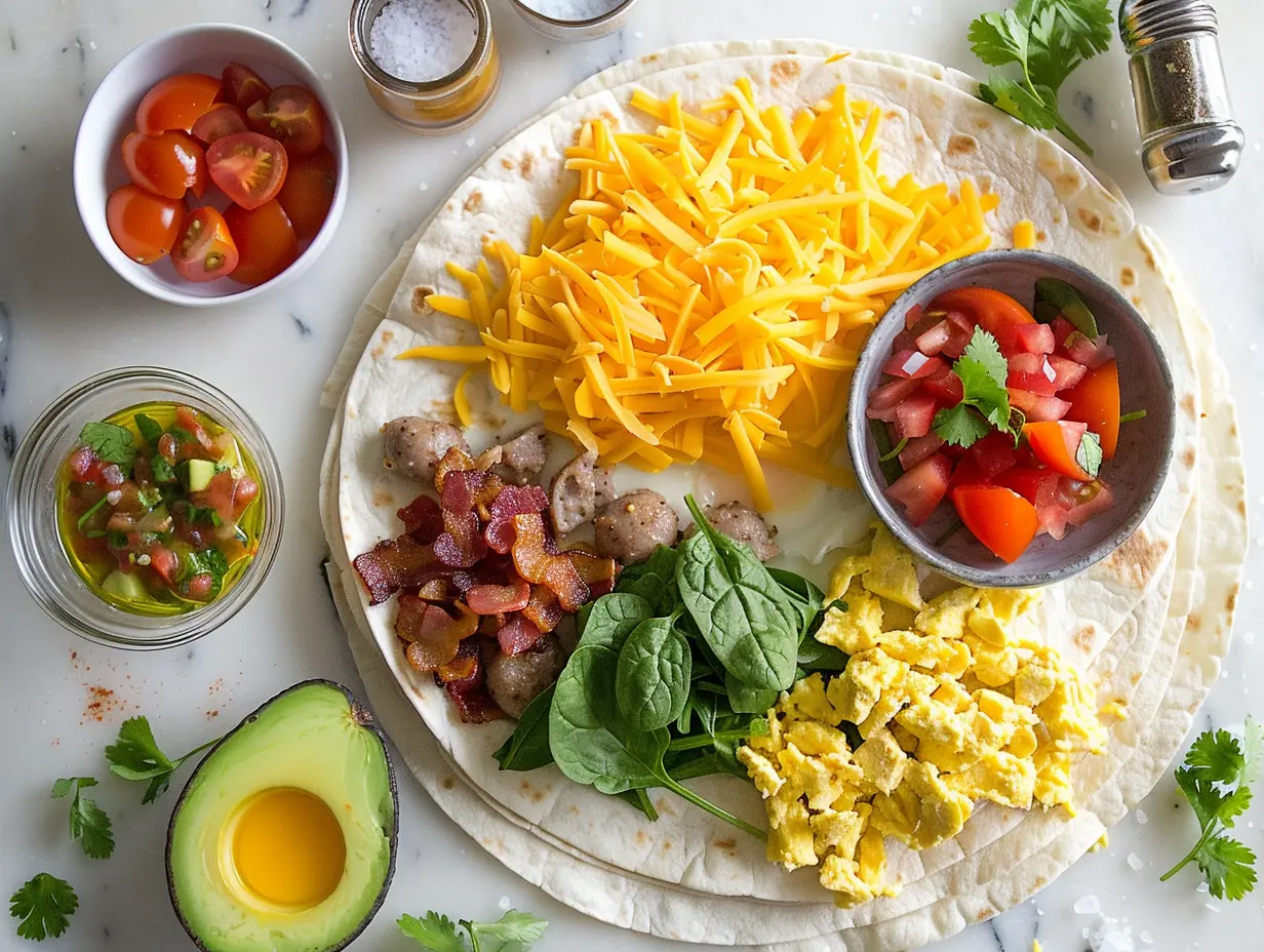 Breakfast Tortilla Pizza with sunny‑side eggs on a crispy tortilla.Overhead flat‑lay of tortilla, eggs, shredded cheese, cooked bacon, sausage, spinach, tomatoes, bell peppers, avocado, salsa, and herbs.