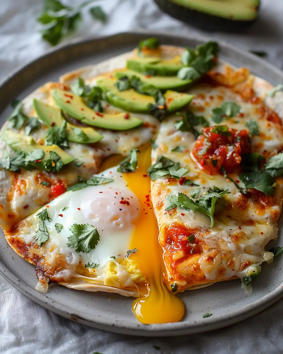 Slice of breakfast tortilla pizza with runny yolk, melted cheese, avocado slices, salsa drizzle, and cilantro on a ceramic plate.