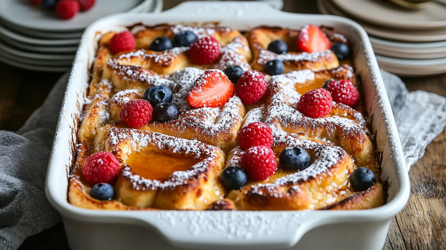 Golden brioche French toast casserole dusted with powdered sugar and fresh berries