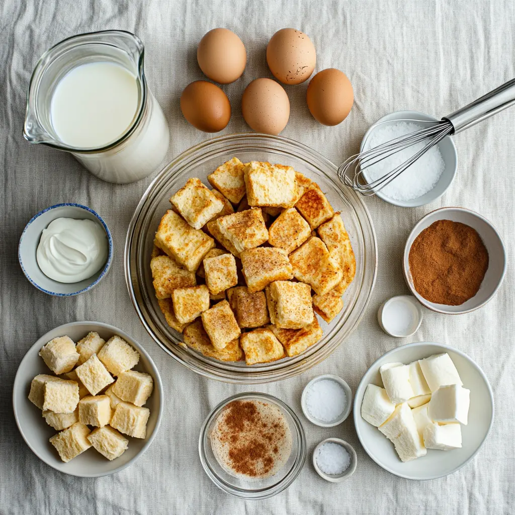 Flat lay of cubed brioche, eggs, milk, sugar, vanilla, and cinnamon for French toast casserole