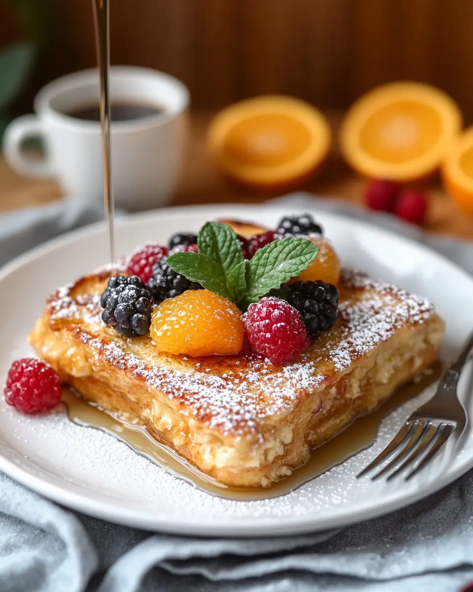 Slice of brioche French toast casserole with berries and maple syrup drizzle