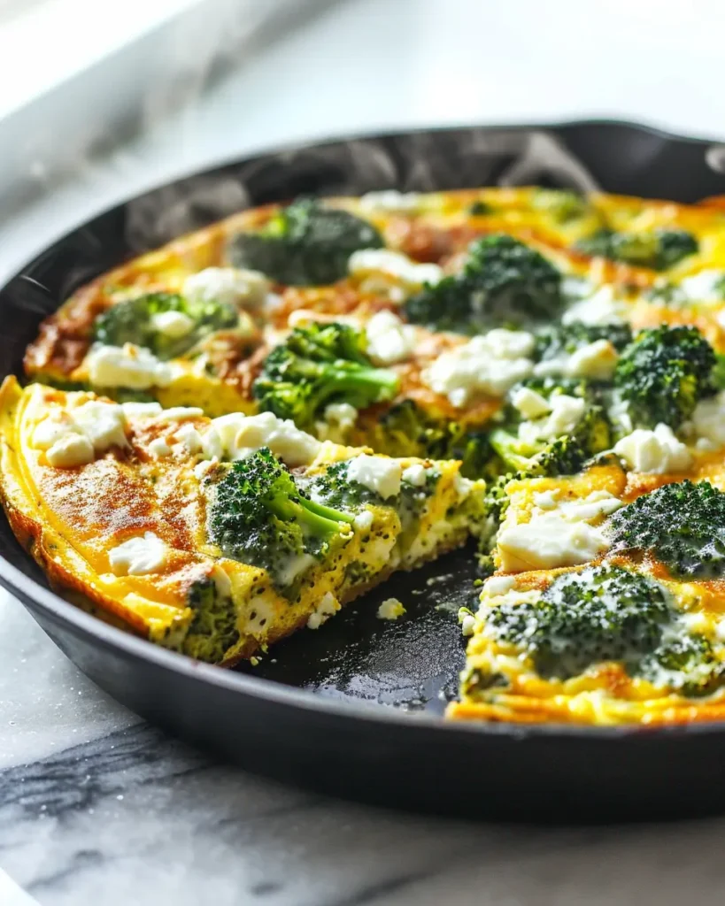 Golden broccoli and feta frittata in a cast‑iron skillet; fluffy center visible, steam rising, olive oil sheen on top