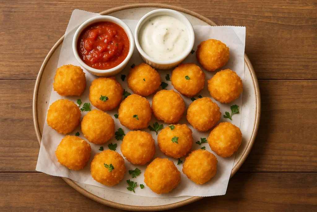Crispy fried cheese bites served with marinara and ranch dipping sauces on a ceramic plate, garnished with parsley.