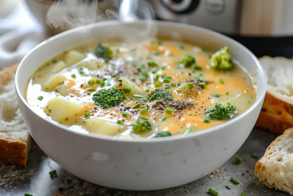 Creamy potato broccoli cheddar soup steaming in a white bowl with bread on the side