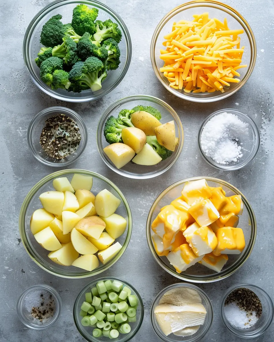 Overhead flat lay of broccoli, potatoes, soups, broth, Velveeta, butter, onion, garlic, flour, salt, and pepper