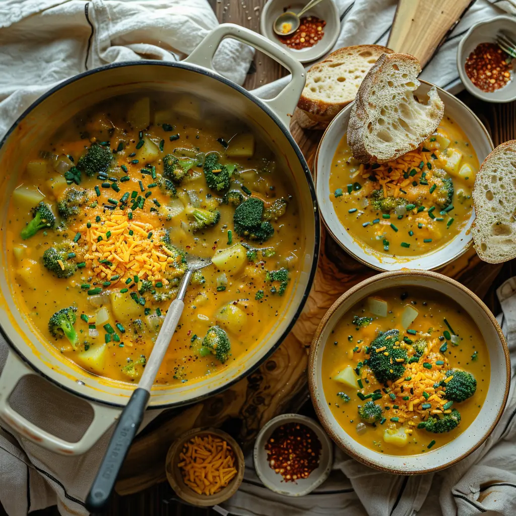 Bowls of potato broccoli cheddar soup with bread on a cozy dinner table