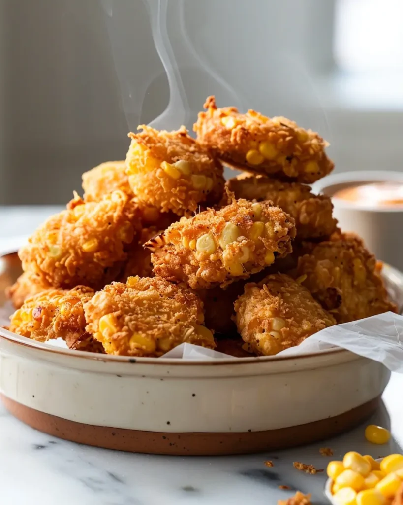 Crispy fried corn nuggets piled in a parchment‑lined bowl with spicy mayo; golden, crunchy, and steaming hot