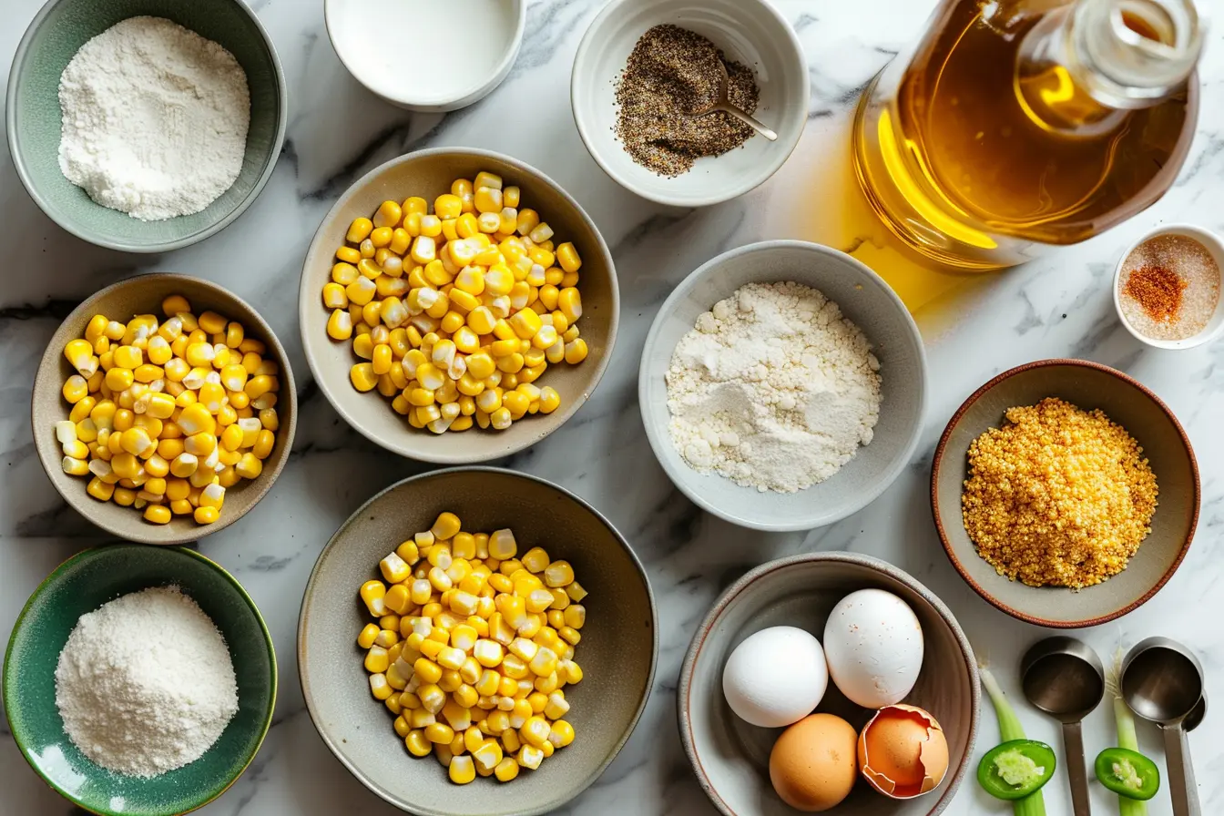 Flat lay of corn nugget ingredients in bowls: corn, flour, cornmeal, baking powder, eggs, milk, spices, oil, scallions
