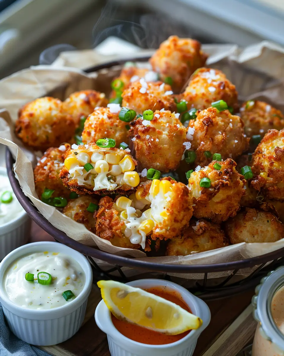 Basket of crispy corn nuggets with sea salt and scallions, a few split open to show sweet corn interior; dipping sauces