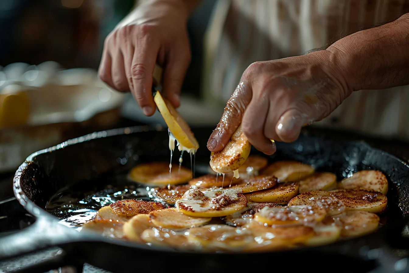 Hands dipping apple slice in cinnamon batter over sizzling cast iron skillet while making fried fruit pancakes