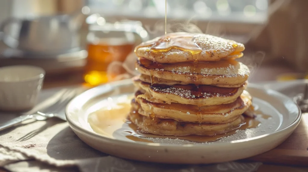 Golden crispy fried apple pancakes stacked on white plate with powdered sugar and maple syrup drizzle on breakfast table