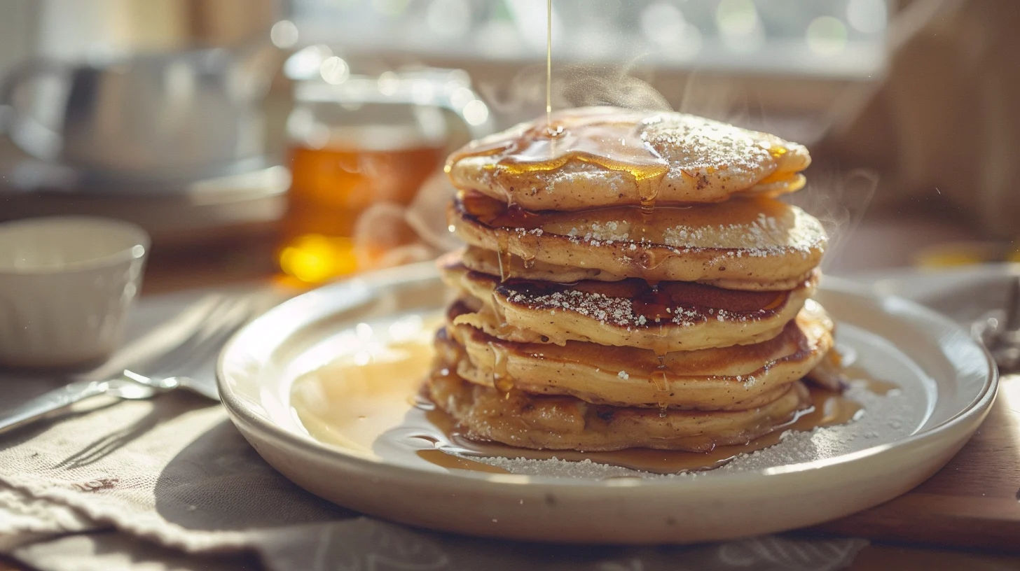 Golden crispy fried apple pancakes stacked on white plate with powdered sugar and maple syrup drizzle on breakfast table
