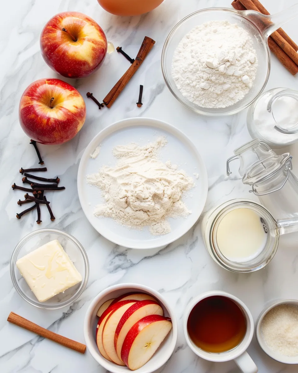 Flat lay of crispy fried fruit pancake ingredients including sliced apples, flour, eggs, milk, cinnamon, and butter on marble countertop