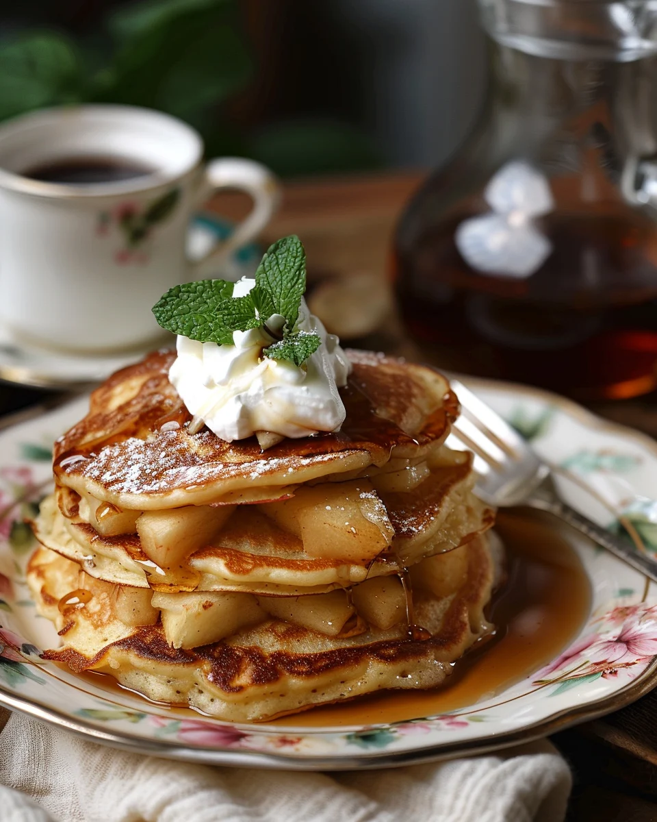 Crispy fried fruit pancakes served on vintage plate with whipped cream, mint garnish, and maple syrup pitcher on breakfast table