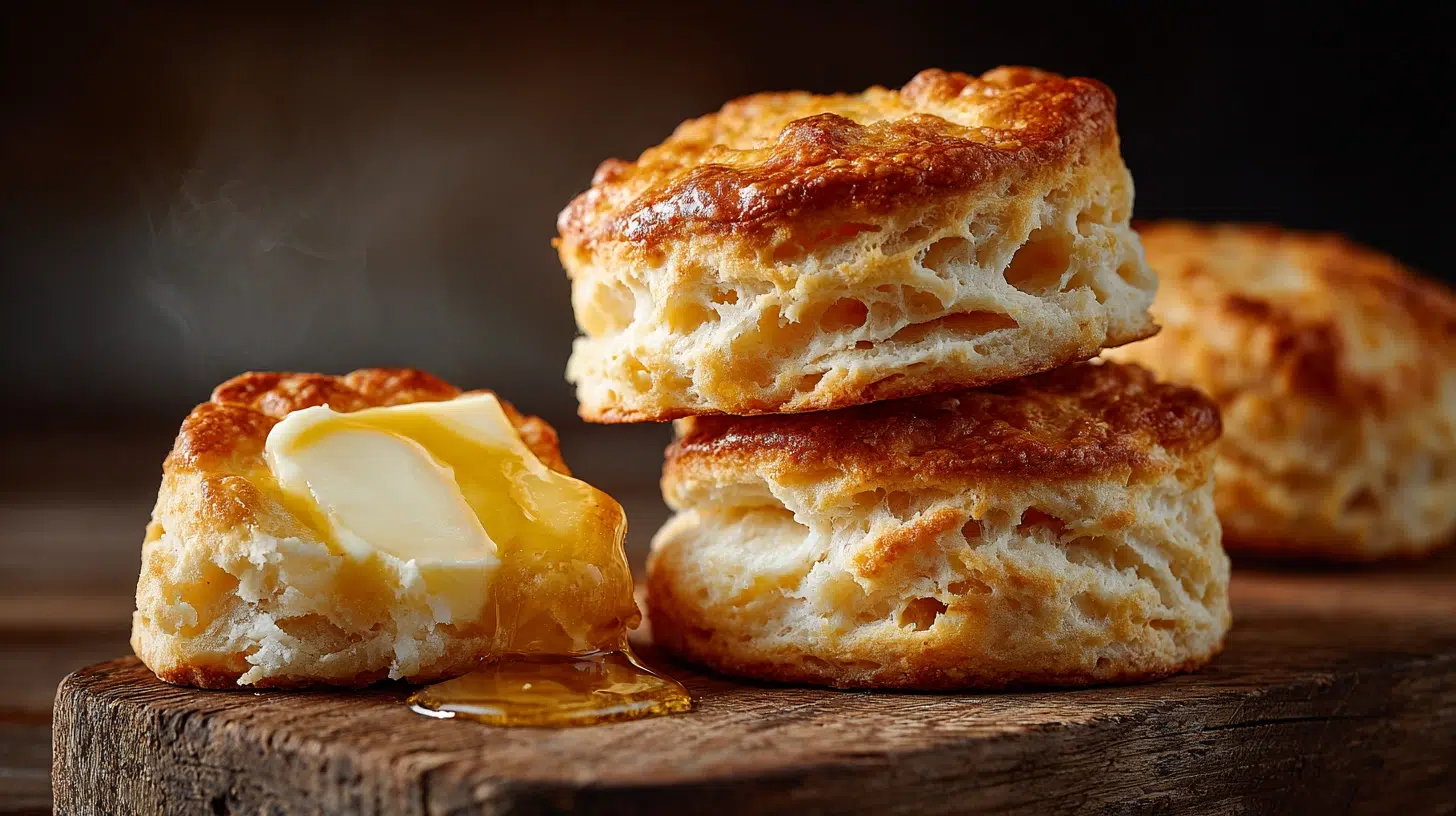 7-Up Biscuits with Bisquick A stack of fluffy, golden brown 7-Up biscuits on a rustic wooden board, one biscuit pulled apart to show the soft, flaky interior.
