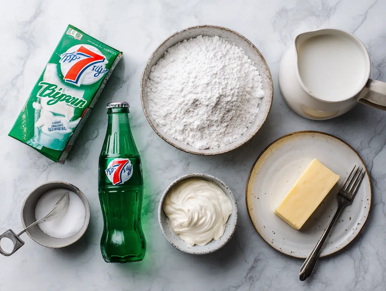 7-Up Biscuits with Bisquick Ingredients for 7-Up biscuits including a box of Bisquick, a bottle of 7-Up soda, sour cream, and a stick of butter.