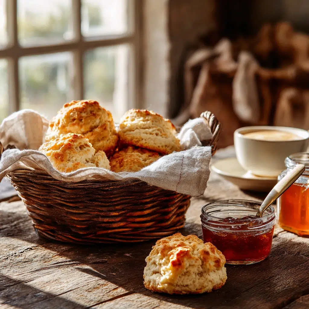 7-Up Biscuits with Bisquick A basket of warm 7-Up biscuits served on a kitchen table with jam, honey, and a cup of coffee.