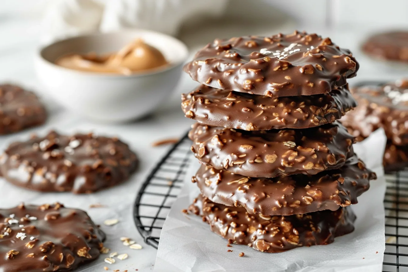 Chocolate peanut butter no‑bake cookies stacked on parchment with glossy tops and visible oat flecks.