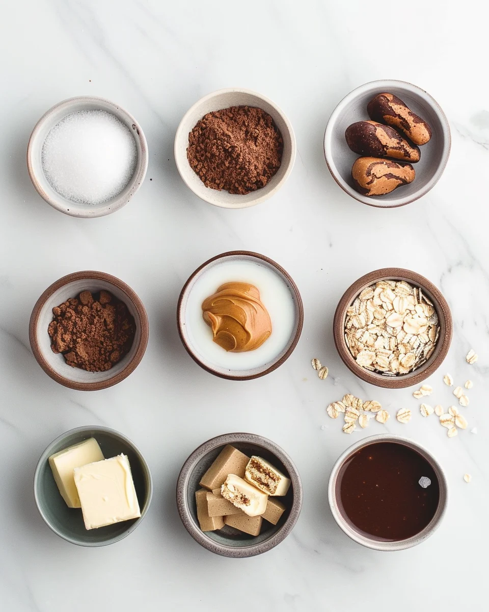 Flat‑lay of ingredients: sugar, butter, milk, cocoa, peanut butter, vanilla, quick oats, and a pinch of salt.