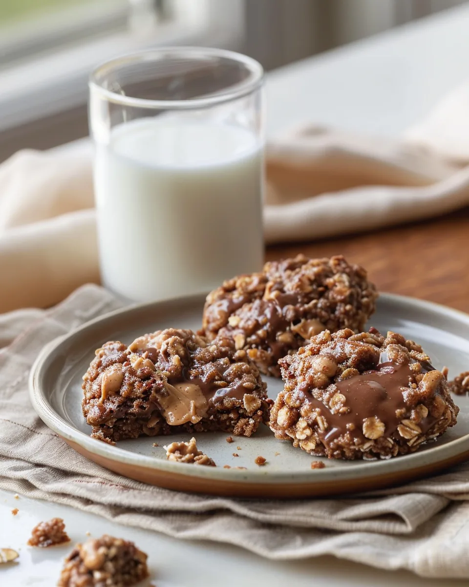 Plate with three chocolate peanut butter no‑bake cookies and a glass of milk; one cookie has a bite.