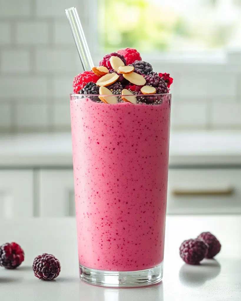 Almond Berry Smoothie in a clear glass with berries, sliced almonds, and chia on a bright kitchen counter.