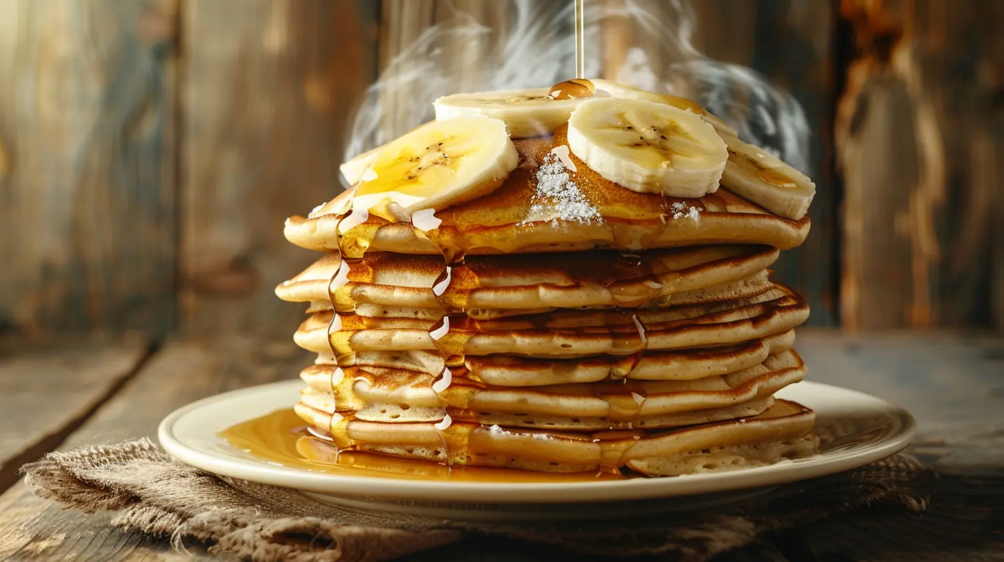Breakfast table with stack of banana pancakes, maple syrup pitcher, coffee cup, and fresh banana slices