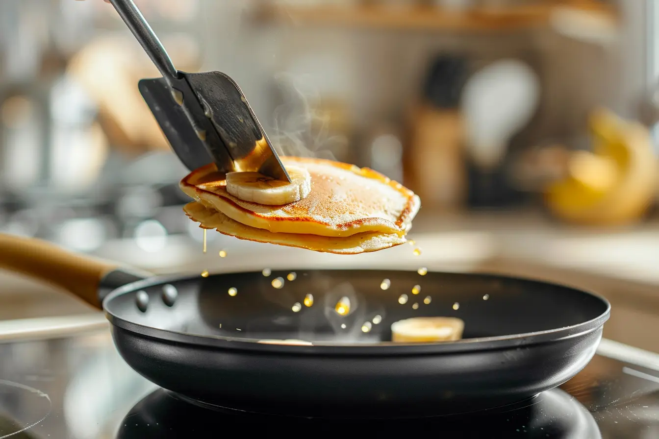 Banana pancakes cooking on griddle with bubbles forming on surface, ready to flip