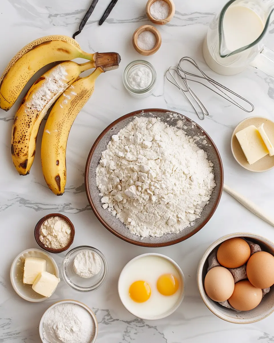 Banana pancake ingredients including ripe bananas, flour, eggs, buttermilk, and baking powder arranged on marble countertop